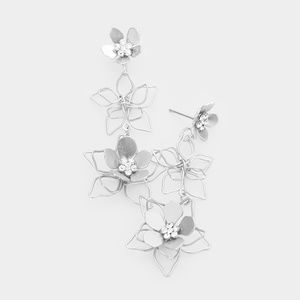 Silver Metal Sculptural Wire Flower Earrings